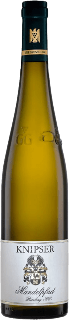 Weingut Knipser - Laumersheim Mandelpfad Riesling GG Het label toont een familiewapen met gedetailleerde patronen in zwart-wit. Boven het wapen staat de naam 'KNIPSER' en daaronder 'Mandelpfad Riesling GG'.