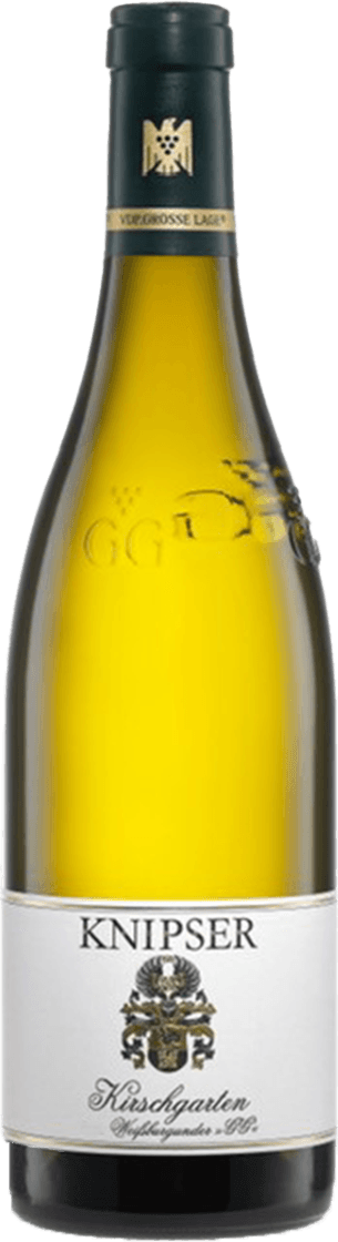 Laumersheim Kirschgarten Weissburgunder GG Het label van de wijnfles is vrij minimalistisch en elegant. Het bevat de naam 'KNIPSER' in grote, duidelijke letters bovenaan. Daaronder is een familiewapen of schild afgebeeld, wat een traditionele uitstraling geeft. Onderaan staat in sierlijke letters 'Kirschgarten Weissburgunder GG'.