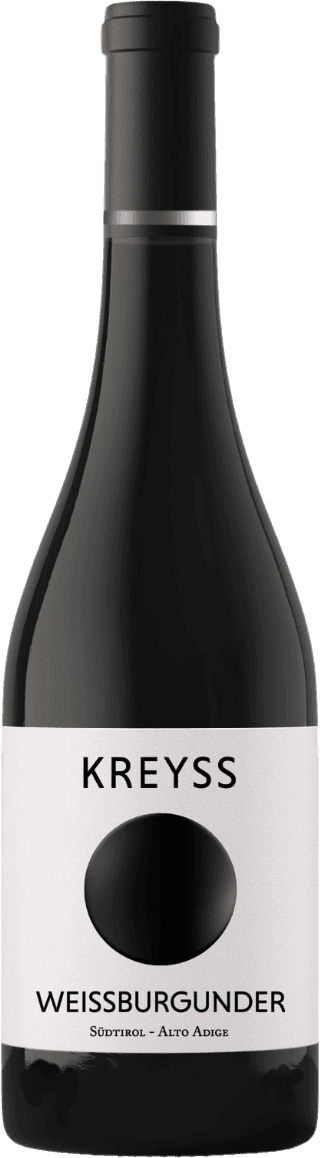 Kreyss - Alto Adige DOC Weissburgunder Het label is minimalistisch met een grote zwarte cirkel in het midden. Boven de cirkel staat de merknaam 'Kreyss' in zwarte hoofdletters, en onder de cirkel staat 'Weissburgunder' ook in zwarte hoofdletters. Onderaan is er een kleinere tekstregel met 'Südtirol - Alto Adige'. Het geheel heeft een strakke en eenvoudige uitstraling.