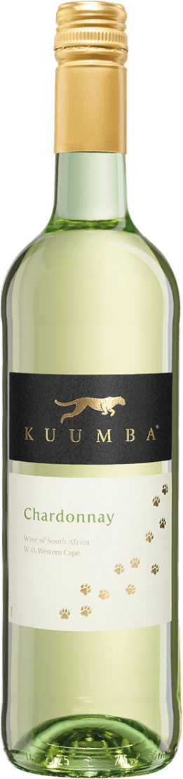 Western Cape Chardonnay 2023 Het label is verdeeld in twee delen. Het bovenste deel is zwart met de naam 'Kuumba' en een gestileerde afbeelding van een dier, waarschijnlijk een kat of leeuw, in goud. Het onderste deel is wit met groene tekst 'Chardonnay' en kleine gouden pootafdrukken verspreid over het label.