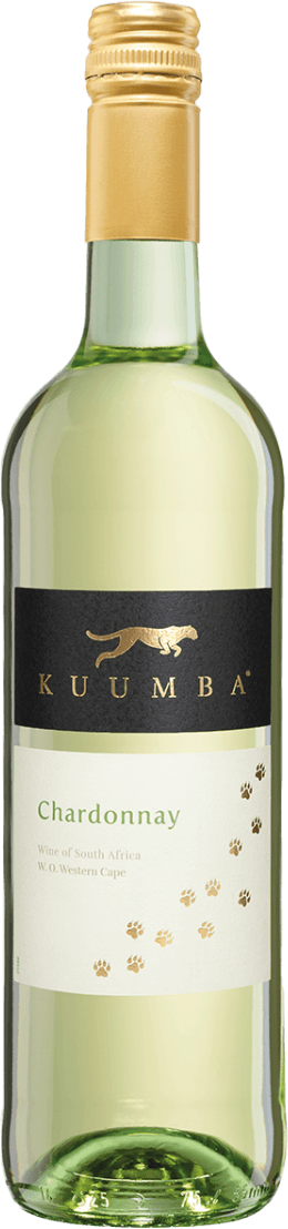KUUM - Western Cape Chardonnay Het label toont de naam 'KUUMBA' met een afbeelding van een luipaard erboven. Er zijn ook kleine pootafdrukken op het onderste deel van het label.