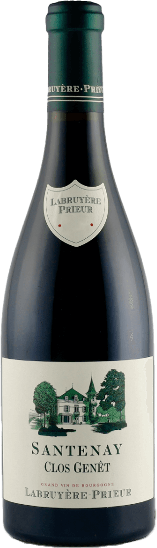 Labruyère Prieur Sélection - Santenay AC Clos Genêt Het label toont een afbeelding van een traditioneel gebouw of kasteel, omringd door bomen. De tekst 'Santenay Clos Genêt' staat prominent op het label, samen met de naam 'Labruyère Prieur'. Het ontwerp is klassiek en elegant.