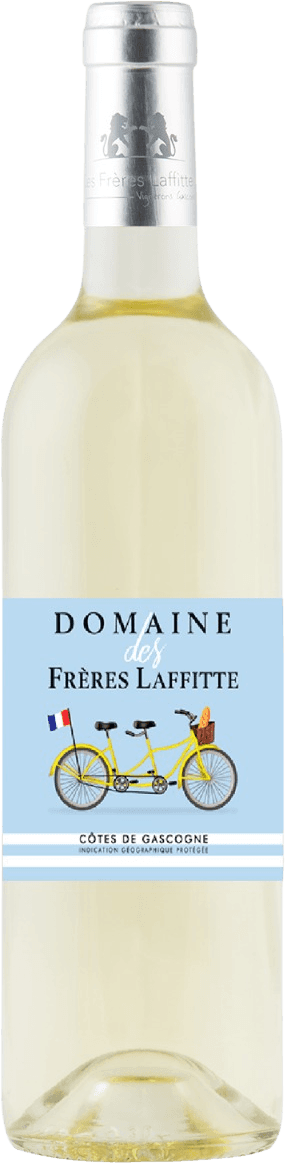 Domaine des Frères Laffitte - Côtes de Gascogne IGP Gros & Petit Manseng Het label toont een illustratie van een gele tandemfiets met een Franse vlag eraan bevestigd. Op de fiets is ook een mandje te zien dat lijkt gevuld te zijn met stokbroden. De achtergrond van het label is lichtblauw en er staat tekst boven en onder de fiets.