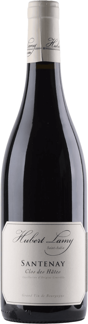 Domaine Hubert Lamy - Santenay AC Les Hâtes 2022 Het label is klassiek en minimalistisch vormgegeven met een witte achtergrond en zwarte sierlijke tekst. Er zijn geen afbeeldingen of illustraties, enkel tekst in verschillende lettertypes. Het geheel oogt traditioneel en ingetogen.