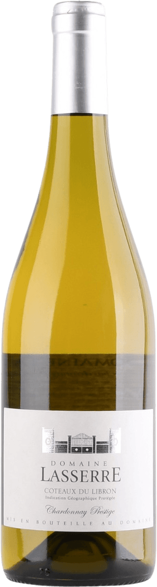 Domaine Lasserre - Coteaux de Béziers IGP Prestige Chardonnay Het label toont een traditioneel ontwerp met een afbeelding van een kasteel of wijnhuis in het midden. De tekst is prominent aanwezig, met de naam 'Domaine Lasserre' en andere details over de wijn. Het geheel heeft een klassieke uitstraling.