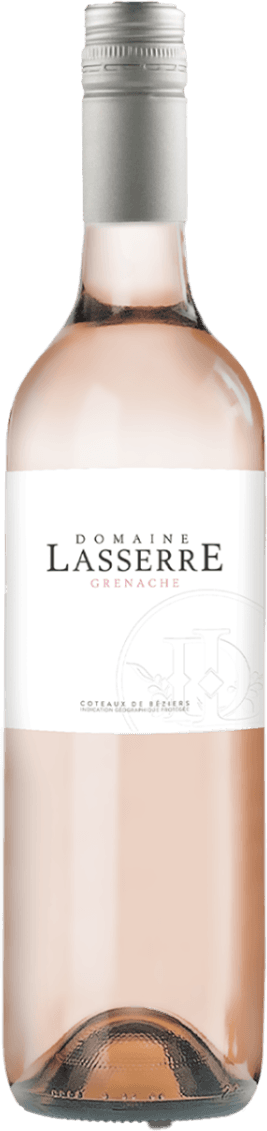 Domaine Lasserre - Coteaux de Béziers IGP Grenache Het label is minimalistisch met de naam 'Domaine Lasserre Grenache' in eenvoudige typografie. Er is een subtiel embleem of logo zichtbaar op de achtergrond.