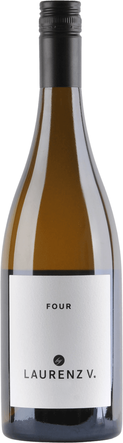 Laurenz V. - Kamptal Four Het label is minimalistisch en bevat voornamelijk tekst. Er staat 'FOUR' in grote letters bovenaan, gevolgd door 'by LAURENZ V.' onderaan. Het ontwerp is strak en eenvoudig, zonder afbeeldingen of decoratieve elementen.