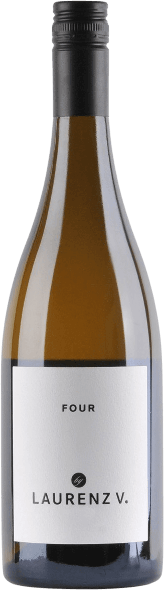 Laurenz V. - Kamptal Four Het label is minimalistisch en eenvoudig, met de tekst 'FOUR' en 'LAURENZ V.' in zwarte letters op een witte achtergrond. Er is weinig versiering of extra afbeeldingen aanwezig.