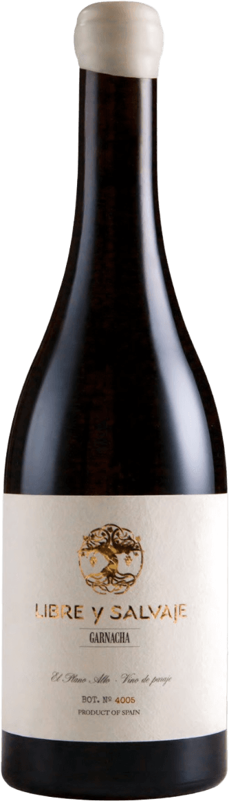 Libre y Salvaje - Cariñena DOP Garnacha Het label toont een minimalistisch ontwerp met een artistieke afbeelding van een boom in het midden. De naam 'LIBRE Y SALVAJE' is prominent weergegeven onder de afbeelding, gevolgd door het type wijn 'GARNACHA'. Onderaan staan kleinere teksten met productinformatie.