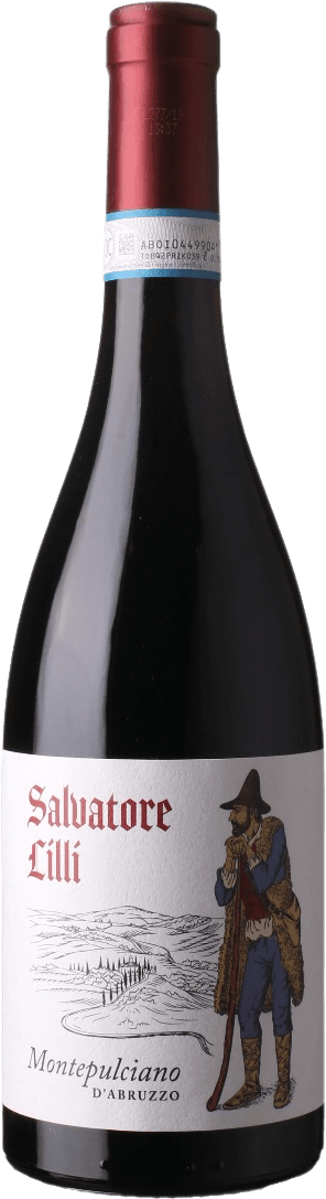 Salvatore Lilli - Montepulciano d'Abruzzo DOC Het label toont een man in traditionele kleding met een hoed en wandelstok, naast een landschapsschets. De naam 'Salvatore Lilli' staat prominent bovenaan in rode letters, en daaronder 'Montepulciano d'Abruzzo'.