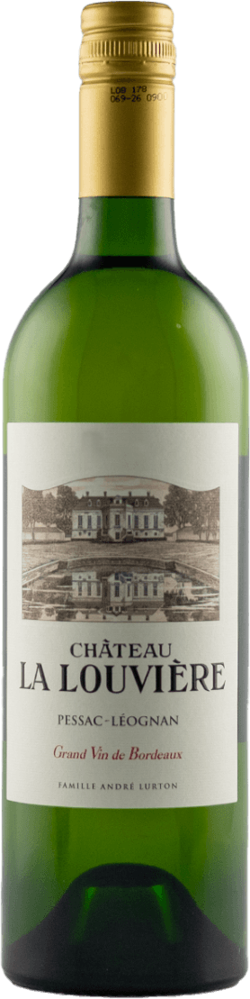 LOUV - Château La Louviere, Pessac-Léognan AC Het label toont een afbeelding van een kasteel met een weerspiegeling in het water. Boven de afbeelding staat de tekst 'Château La Louvière'.