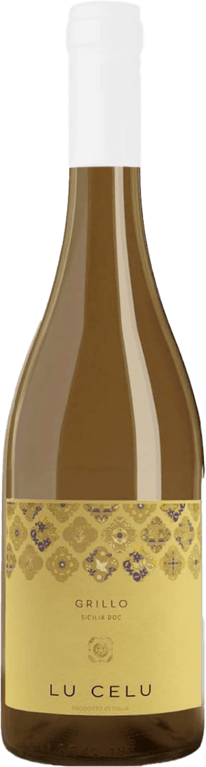 Sicilia DOC Grillo Het label is zachtgeel van kleur en heeft een patroon van sierlijke, decoratieve motieven aan de bovenkant, die doen denken aan Siciliaanse keramiek of mozaïek. Het ontwerp is strak en modern, met een minimalistische uitstraling. De naam 'LU CELU' staat in grote, duidelijke letters onderaan het label. Verder zijn er geen afbeeldingen van dieren, bloemen, fruit of gezichten, maar het patroon geeft het label een artistiek en niet-traditioneel karakter.