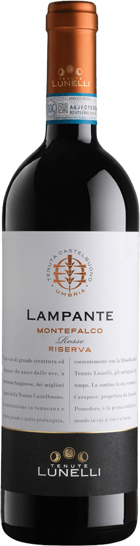 Tenute Lunelli - Montefalco Riserva DOC Lampante BIO 2019 Het label heeft een wit achtergrond met zwarte en oranje tekst. Bovenaan staat 'Tenuta Castelbuono Umbria' in een cirkelvormig embleem, waarin een gestileerde afbeelding van een tak of plant lijkt te staan. Onder het embleem staat de naam 'Lampante Montefalco Rosso Riserva' in grote letters. Onderaan is er een zwart gedeelte met de tekst 'Tenute Lunelli'.