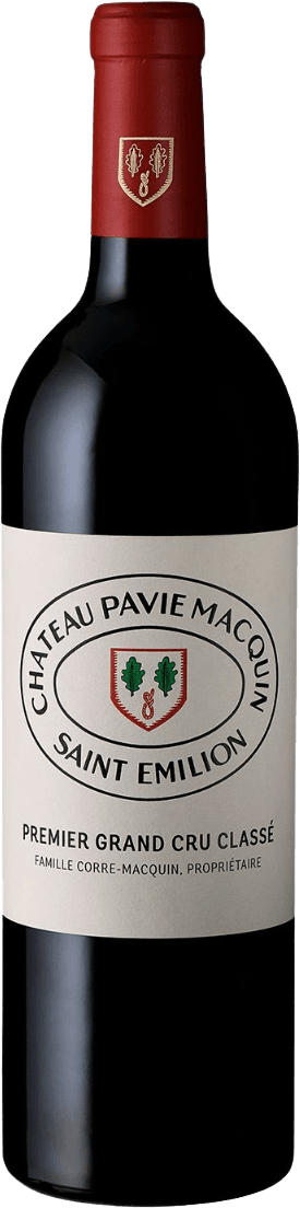 Château Pavie-Macquin - Saint Émilion AC 1GCC Het label toont de naam 'Château Pavie Macquin Saint Emilion' in een cirkelvormige opstelling. In het midden is een familiewapen zichtbaar met groene bladeren op een rode achtergrond. Onder de cirkel staat 'Premier Grand Cru Classé' en daaronder de naam van de familie Corre-Macquin.