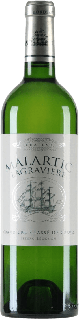 Pessac-Léognan AC Grand Cru Classé 2017 wit Het label toont een gedetailleerde tekening van een klassiek zeilschip. Boven het schip staat de naam 'Malartic Lagraviere' in grote, sierlijke letters. Onder het schip staan de woorden 'Grand Cru Classé de Graves' en 'Pessac-Léognan'. Het ontwerp heeft een traditionele uitstraling met sierlijke elementen rondom het schip.