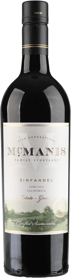 McManis Family Vineyards - California Zinfandel Het label van de wijnfles toont de naam 'McManis Family Vineyards' prominent in het midden met daaronder 'Zinfandel'. Er is een afbeelding van een landschap onderaan het label. Het heeft een klassieke en elegante uitstraling.
