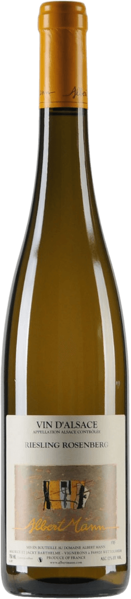 Domaine Albert Mann - Alsace AC Riesling Rosenberg BIO 2017 Het label toont een abstracte kunstafbeelding met geometrische vormen en lijnen. Er is een combinatie van lichte en donkere kleuren, met enkele opvallende gele en zwarte tinten. De naam 'Albert Mann' staat in een sierlijk lettertype onderaan het label.