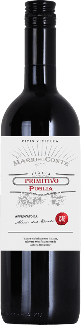 Mario del Conte - Puglia IGT Primitivo Het label heeft een klassieke uitstraling met de naam 'Mario del Conte' prominent bovenaan. Er is een afbeelding van een kasteel in het midden, met daaronder de tekst 'Primitivo Puglia'. Onderaan staat nog aanvullende tekst en er is een rood zegel zichtbaar.