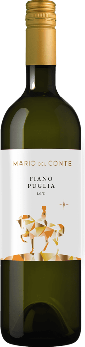Mario del Conte - Puglia IGP Fiano 2023 Het label toont een moderne, geometrisch gestileerde afbeelding van een persoon op een paard in goud- en bruintinten. Bovenaan staat de naam 'Mario del Conte' in gouden letters, met daaronder 'Fiano Puglia I.G.T.'. Rechts van het paard is een kleine stervormige grafische toevoeging te zien. Het geheel oogt strak en eigentijds.