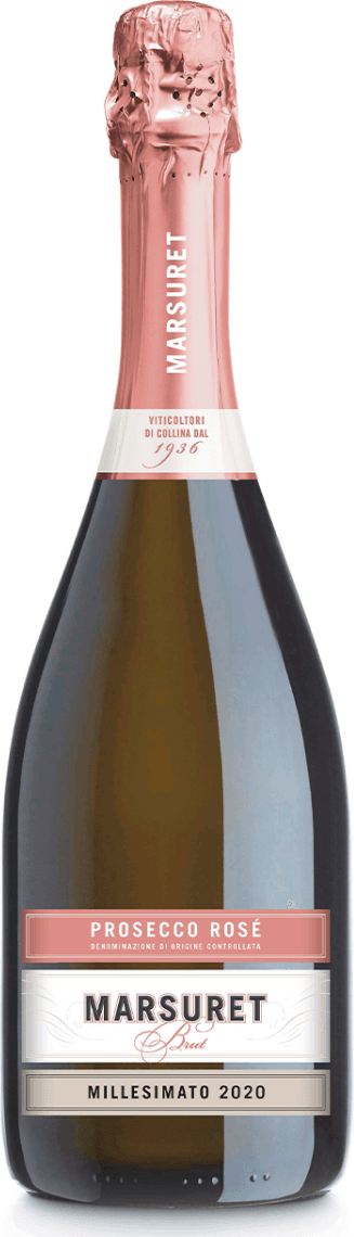 Marsuret - Prosecco DOC Rosé Brut Het label van de wijnfles heeft een moderne uitstraling met strakke lijnen. Bovenaan staat 'Prosecco Rosé' in witte letters op een roze achtergrond. Daaronder is 'Marsuret Brut' prominent weergegeven in zwarte en rode letters op een witte achtergrond met subtiele sierlijke details. Onderaan staat 'Millesimato 2020' in zwarte letters op een grijze achtergrond.