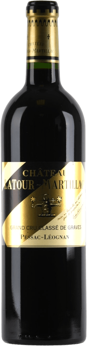 Château Latour Martillac - Pessac-Léognan AC GCC Het label van de wijnfles is goudkleurig met zwarte diagonale strepen. Centraal op het label staat de naam 'Château Latour Martillac' in grote, duidelijke letters. Onder de naam is een afbeelding van een kasteel of toren te zien. Er zijn ook enkele decoratieve elementen zoals sterren en kruizen. Onderaan het label staat 'Grand Cru Classé de Graves Pessac-Léognan'.