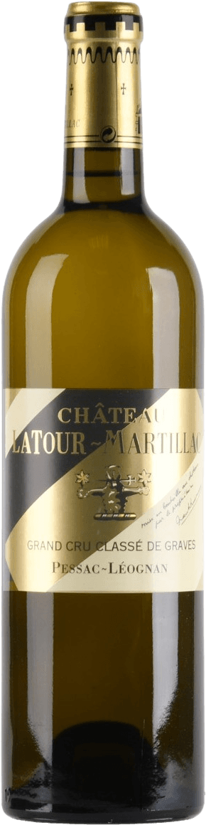 Château Latour Martillac - Château Latour Martillac Pessac-Léognan AC GCC 2016 Wit 0.75L Kurk Originele kist met 6 fl. Het label van de wijnfles is goudkleurig met een diagonale zwarte band. Op het label staat in grote letters 'Château Latour Martillac'. Er is een afbeelding van een kruis met sterren en bloemen aan weerszijden. De tekst 'Grand Cru Classé de Graves' en 'Pessac-Léognan' zijn ook aanwezig, samen met enkele handgeschreven elementen.