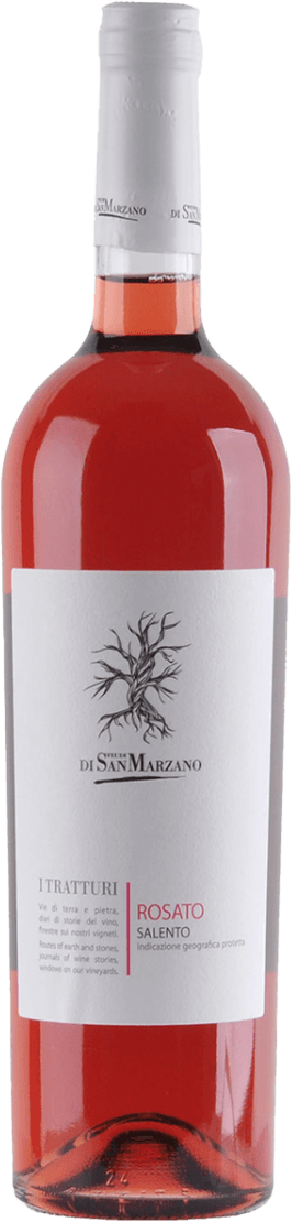 San Marzano - I Tratturi Rosato Salento IGP Het label toont een minimalistisch ontwerp met een tekening van een wijnstok in het midden. Er is tekst in zwarte en roze letters, met de naam 'I Tratturi' en 'Rosato Salento'.