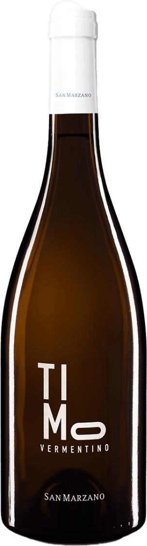 Salento IGP Timo Het label van de wijnfles heeft een minimalistisch ontwerp met grote, duidelijke letters. De naam 'TIMO' is prominent weergegeven in een moderne typografie. Onder de naam staat het druivenras 'VERMENTINO'. Het geheel heeft een strakke en eenvoudige uitstraling zonder afbeeldingen of decoraties.