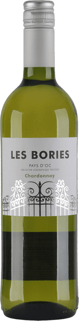 Pays d'Oc IGP Chardonnay 2023 Het label toont een sierlijk hekwerk in wit, met daarboven de naam 'Les Bories' in grote letters. Daaronder staat 'Pays d'Oc' en 'Chardonnay'. Het ontwerp is strak en minimalistisch.