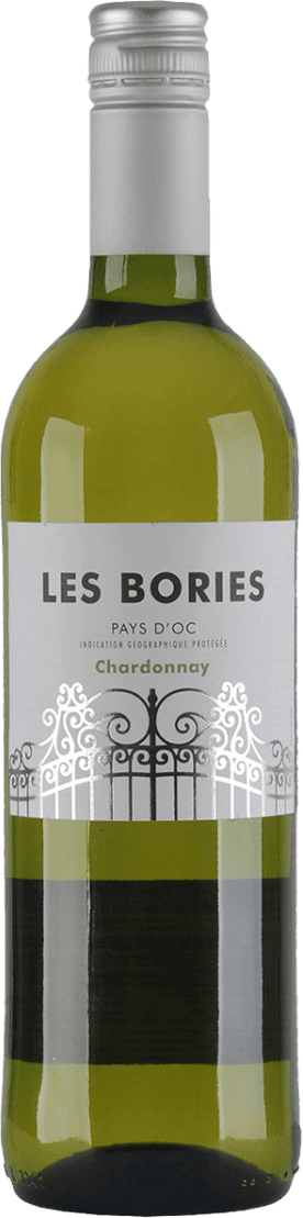 MEDI - Les Bories, Pays d'Oc IGP Chardonnay Het label toont de naam 'Les Bories' met daaronder 'Pays d'Oc' en 'Chardonnay'. Er is een decoratief hekwerk afgebeeld in wit, wat een elegant en klassiek uiterlijk geeft.