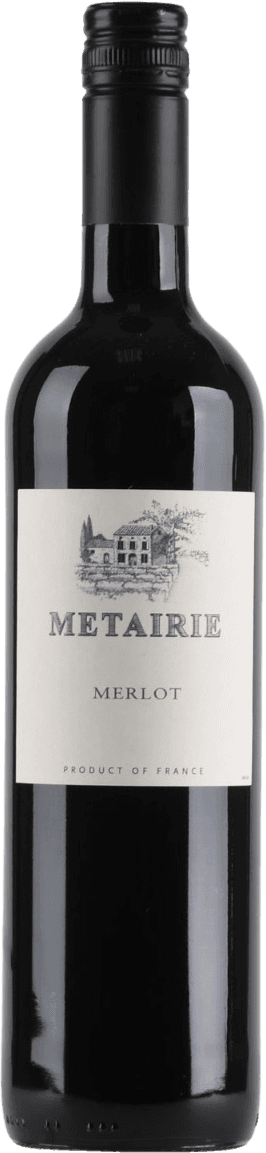 Pays d'Oc IGP Merlot 2023 Het label toont een tekening van een traditioneel gebouw, mogelijk een wijnhuis of kasteel, met de naam 'METAIRIE' in grote letters erboven. Daaronder staat 'MERLOT' in rode letters en verder onderaan 'PRODUCT OF FRANCE'.
