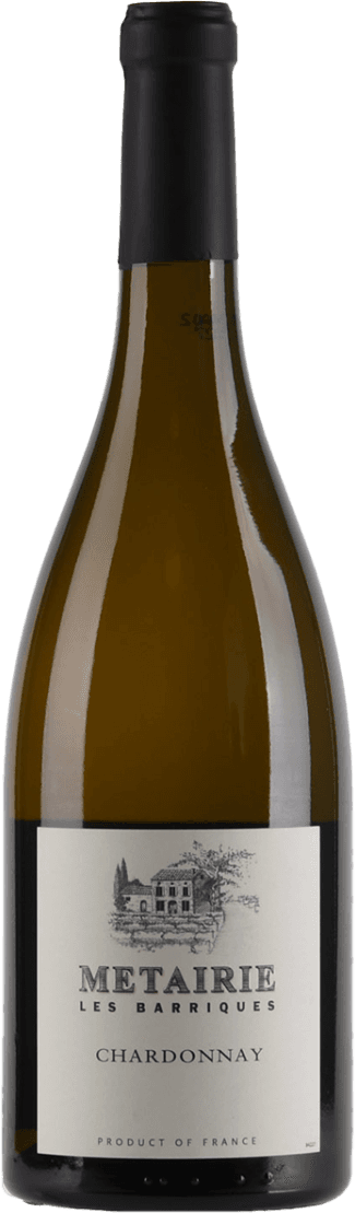 Métairie - Pays d'Oc IGP Les Barriques Chardonnay 2023 Het label toont een afbeelding van een gebouw dat lijkt op een kasteel of landhuis, met bomen eromheen. De tekst 'METAIRIE LES BARRIQUES CHARDONNAY' is prominent aanwezig. Het ontwerp is vrij minimalistisch en traditioneel.