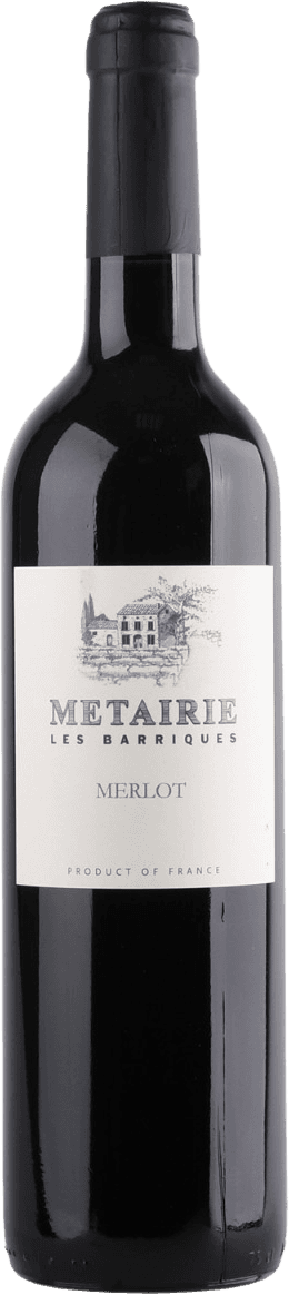 Métairie - Pays d'Oc IGP Les Barriques Merlot Het label toont een gedetailleerde tekening van een gebouw, mogelijk een wijnhuis of kasteel, met bomen eromheen. De naam 'METAIRIE LES BARRIQUES' staat prominent in grote letters bovenaan het label, gevolgd door de naam van de wijnsoort 'MERLOT'. Onderaan staat 'PRODUCT OF FRANCE'. Het geheel heeft een traditionele uitstraling.