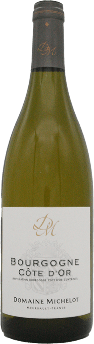 Domaine Michelot - Bourgogne AC Côte d'Or 2022 Het label toont een minimalistisch ontwerp met de initialen 'DM' in sierlijke letters bovenaan. Daaronder staat de naam van de wijn, 'Bourgogne Côte d'Or', in grote, duidelijke letters. Onderaan het label staat 'Domaine Michelot' en 'Meursault-France'. Er is ook een subtiel familiewapen of decoratief element zichtbaar.