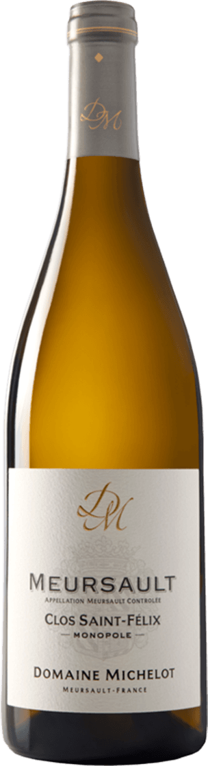 Domaine Michelot - Meursault AC Clos Saint Félix Monopole 2023 Het label is klassiek en minimalistisch vormgegeven. Het heeft een crèmekleurige achtergrond met goudkleurige, sierlijke initialen (DM) bovenaan. In het midden staat in grote, duidelijke letters 'MEURSAULT', met daaronder kleinere tekst over de herkomst en producent. Er is een subtiel familiewapen of schild als reliëf zichtbaar op het label.