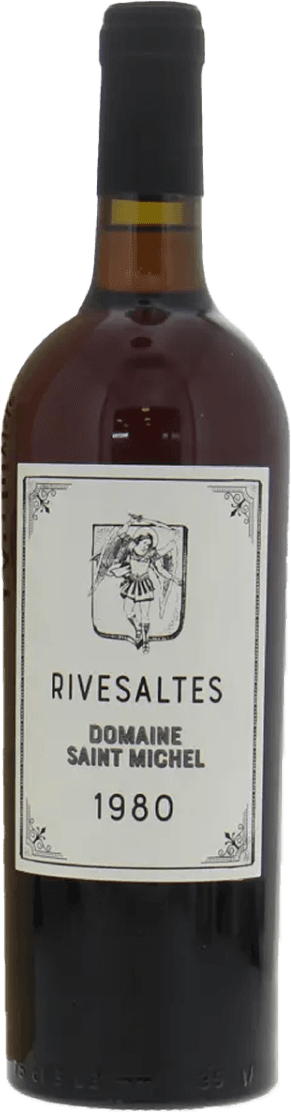 Domaine Saint Michel - Rivesaltes AOP Rivesaltes Het label toont een familiewapen of schild met een afbeelding van een figuur in het midden. Er zijn ook decoratieve elementen aan de hoeken van het label. De tekst op het label vermeldt 'RIVESALTES', 'DOMAINE SAINT MICHEL', en het jaartal '1980'.