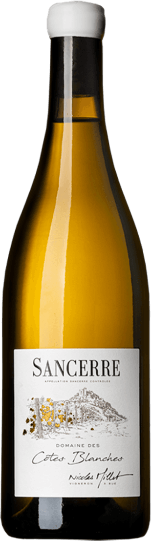 MILLET - Sancerre AC Domaine des Côtes Blanches Het label toont een tekening van een landschap met een heuvel of wijngaard. De naam 'Sancerre' is prominent aanwezig bovenaan, met daaronder de tekst 'Domaine des Côtes Blanches'. De handtekening van Nicolas Millet is ook zichtbaar.