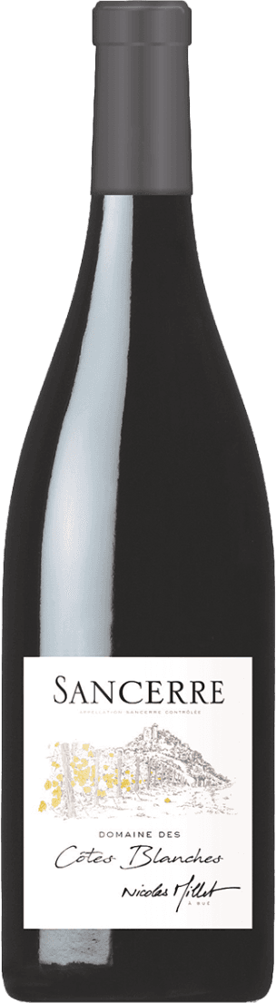 Sancerre AC Rouge 2020 Het label toont een gedetailleerde tekening van een landschap met wijngaarden en mogelijk een gebouw op de achtergrond. De naam 'Sancerre' is prominent weergegeven bovenaan het label, gevolgd door de naam 'Domaine des Côtes Blanches' in kleinere letters. Onderaan staat de handtekening van Nicolas Millet.