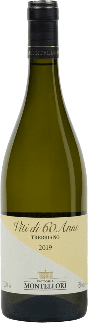 Toscana IGT Viti di 60 Anni Trebbiano Het label heeft een minimalistisch ontwerp met een diagonale tweekleurige achtergrond. De bovenste helft is lichtgeel en de onderste helft is wit. In het midden staat in elegante, cursieve letters 'Viti di 60 Anni Trebbiano 2019'. Onderaan is er een afbeelding van een gebouw of wijnhuis met daaronder de tekst 'Fattoria Montellori'.