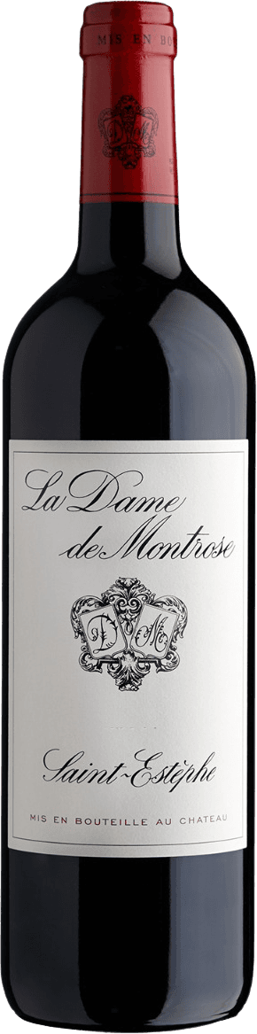 MONT - La Dame de Montrose Het label is wit met sierlijke zwarte en rode letters. In het midden is een decoratief embleem met de initialen 'D M'.