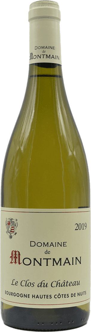 Domaine de Montmain - Hautes Côtes de Nuits AC Le Clos du Château 2019 Het label heeft een traditionele uitstraling met een familiewapen aan de linkerkant. De tekst "Domaine de Montmain" is centraal geplaatst in grote letters, gevolgd door "Le Clos du Château" en "Bourgogne Hautes Côtes de Nuits" daaronder. Het jaartal 2019 staat rechtsboven op het label.