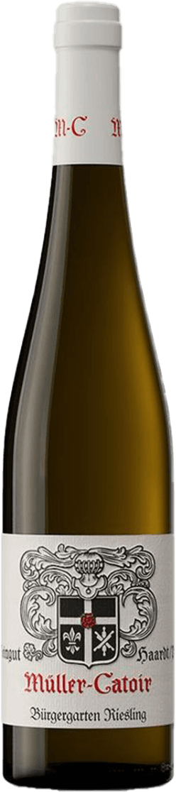 Müller-Catoir - Bürgergarten Riesling BIO 2020 Het label toont een gedetailleerd familiewapen met decoratieve elementen. De naam 'Müller-Catoir' staat in opvallende rode letters onder het wapen, met daaronder de tekst 'Bürgergarten Riesling'.