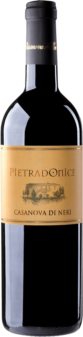 Casanova di Neri - Toscana IGT Pietradonice Het label heeft een gouden achtergrond met daarop de naam 'Pietradonice' in elegante letters. Onder de naam staat een tekening van een gebouw, vermoedelijk een wijnhuis of kasteel, omringd door bomen. Onderaan het label staat 'Casanova di Neri' in hoofdletters.
