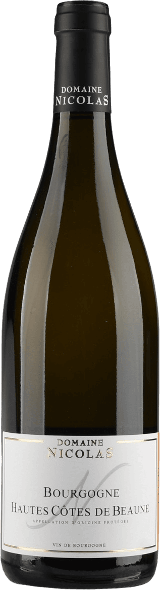 Domaine Nicolas - Hautes Côtes de Beaune AC Het label is wit met zwarte en gouden tekst. Bovenaan staat 'Domaine Nicolas' in goud, en daaronder 'Bourgogne Hautes Côtes de Beaune' in zwart. Het ontwerp is strak en minimalistisch zonder afbeeldingen of illustraties.