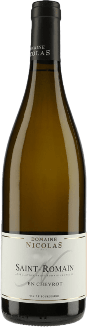 Saint Romain En Chevrot Het label is vrij minimalistisch met een witte achtergrond. Er staat tekst op in een klassieke, stijlvolle lettertype. Bovenaan staat 'Domaine Nicolas' en daaronder 'Saint-Romain En Chevrot'. Er zijn geen afbeeldingen of kunstwerken, alleen tekst en enkele dunne lijnen.