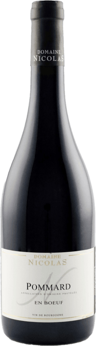 Domaine Nicolas, Pommard AC En Boeuf Het label is minimalistisch met de naam 'Domaine Nicolas' bovenaan en 'Pommard En Boeuf' in het midden. Er is een subtiele lijntekening zichtbaar.