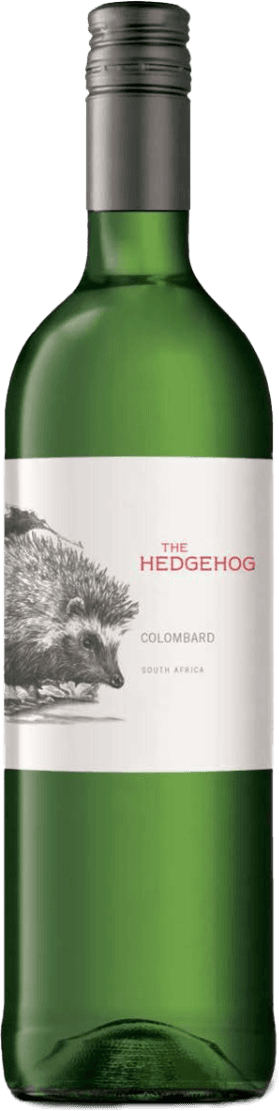 Orange River Cellars - The Hedgehog Colombard Het label toont een gedetailleerde tekening van een egel aan de linkerkant. De naam 'THE HEDGEHOG' staat in grote rode letters boven de soortnaam 'COLOMBARD', die in kleinere zwarte letters is geschreven. Onderaan staat 'SOUTH AFRICA' eveneens in kleine zwarte letters.