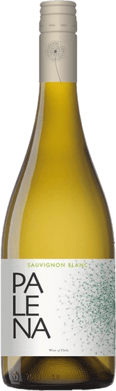 Palena - Aconcagua Valley Sauvignon Blanc Het label toont grote letters met de naam 'PALENA'. Er is een abstract patroon van groene stippen die vanuit één punt uitstralen, wat doet denken aan een paardenbloem in zaad. Bovenaan de fles, op de dop, staat ook een afbeelding van een paardenbloem.