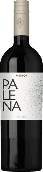 Palena - Maipo Valley Merlot Het label toont een minimalistisch ontwerp met grote, zwarte letters die het woord 'PALENA' vormen. Bovenaan staat in kleinere rode letters 'MERLOT'. Rechts van de tekst is er een subtiele grafische afbeelding van wat lijkt op een abstracte bloem of stervorm, bestaande uit kleine groene stipjes en lijnen.