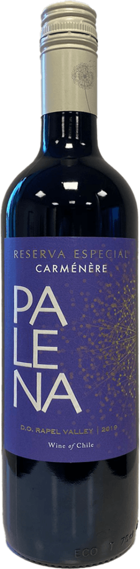 Palena - Rapel Valley Carmenere Reserva Het label heeft een moderne en minimalistische uitstraling met grote, opvallende letters 'PALE NA' in het wit. De achtergrond is donkerblauw met een abstract gouden patroon aan de rechterkant dat lijkt op een netwerk van lijnen en stippen. Bovenaan staat 'RESERVA ESPECIAL CARMENÈRE' in goudkleurige letters.
